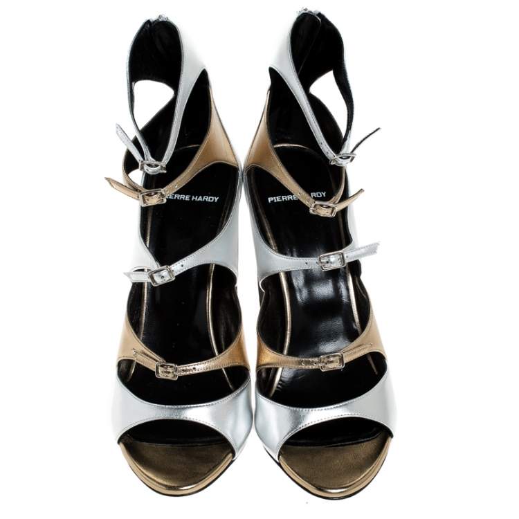 Pre Owned Pierre Hardy Metallic Silver/Gold Cut Out Leather Lula Sandals Size 42