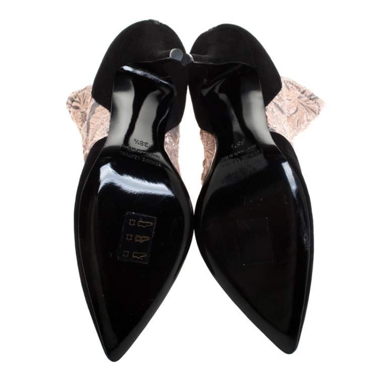 Pre Owned Pierre Hardy Black/Metallic Peach Fabric and Suede Dolly Pointed Toe Ankle Boots  Size 38.5