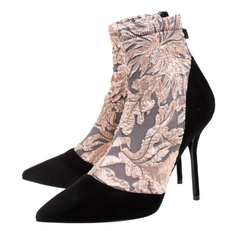 Pre Owned Pierre Hardy Black/Metallic Peach Fabric and Suede Dolly Pointed Toe Ankle Boots  Size 38.5