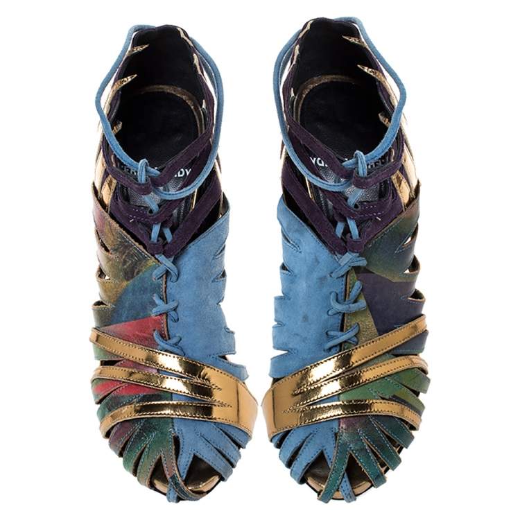 Pre Owned Pierre Hardy Multicolor Suede and Printed Leather Cut Out Booties Size 37