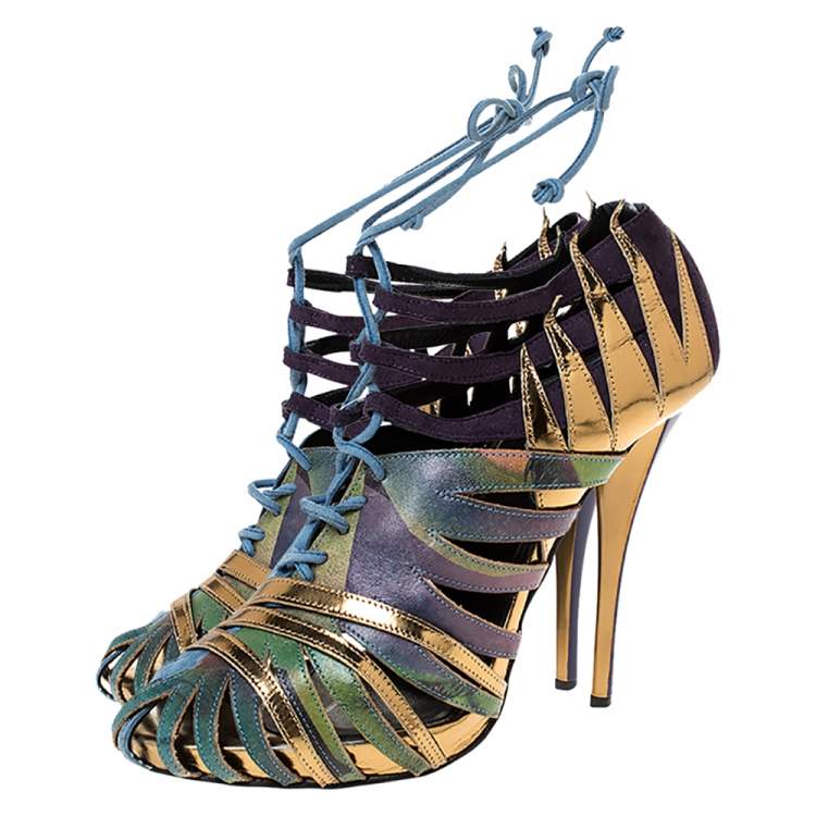 Pre Owned Pierre Hardy Multicolor Suede and Printed Leather Cut Out Booties Size 37