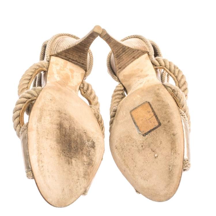 Pre Owned Pierre Hardy Gold Leather And Beige Rope Caged Sandals Size 40