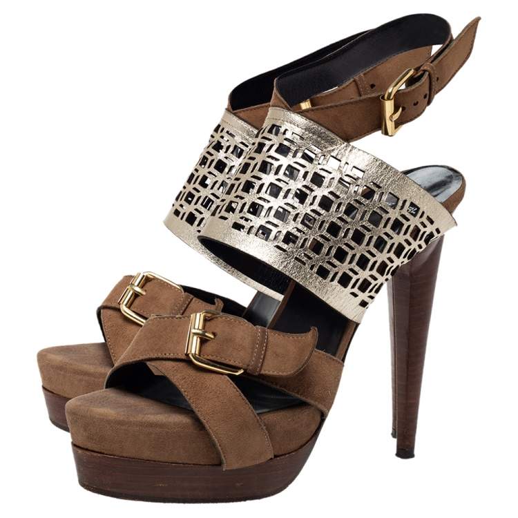 Pre Owned Pierre Hardy Brown Suede and Metallic Cut Out Leather Platform Slingback Sandals Size 39