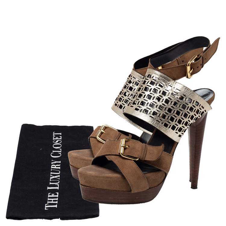 Pre Owned Pierre Hardy Brown Suede and Metallic Cut Out Leather Platform Slingback Sandals Size 39