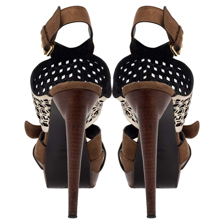 Pre Owned Pierre Hardy Brown Suede and Metallic Cut Out Leather Platform Slingback Sandals Size 39