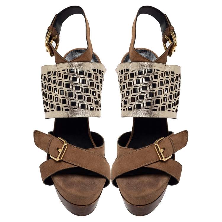 Pre Owned Pierre Hardy Brown Suede and Metallic Cut Out Leather Platform Slingback Sandals Size 39