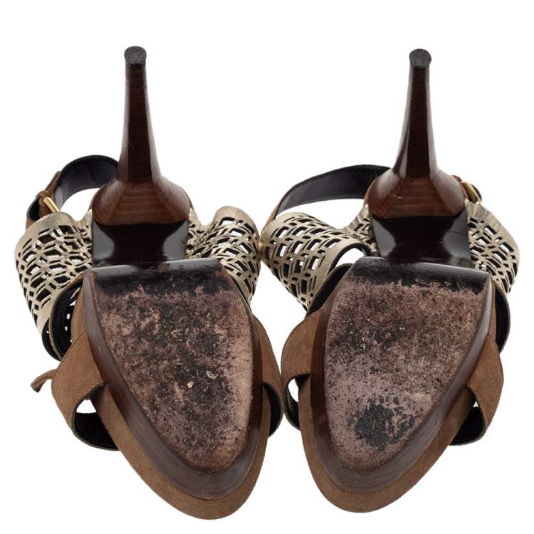Pre Owned Pierre Hardy Brown Suede and Metallic Cut Out Leather Platform Slingback Sandals Size 39