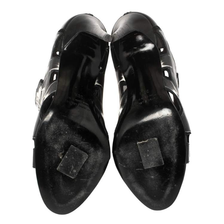 Pre Owned Pierre Hardy Black Lily Print Leather Booties Size 38.5