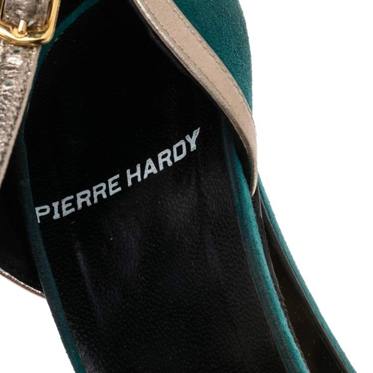 Pre Owned Pierre Hardy Green Suede And Gold Leather Peep Toe Sandals Size 38.5