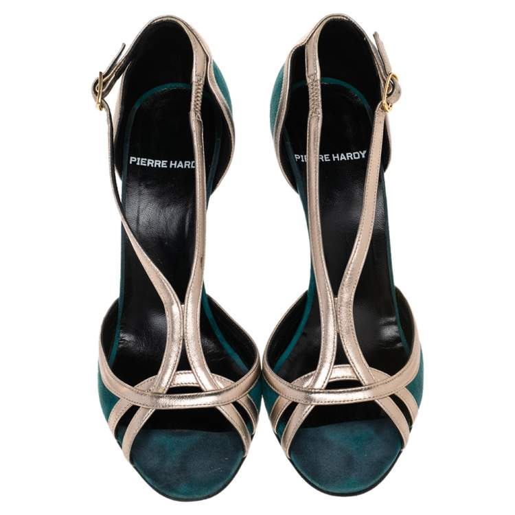 Pre Owned Pierre Hardy Green Suede And Gold Leather Peep Toe Sandals Size 38.5