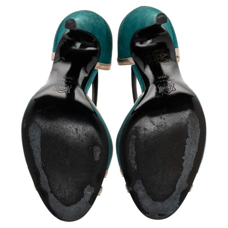 Pre Owned Pierre Hardy Green Suede And Gold Leather Peep Toe Sandals Size 38.5
