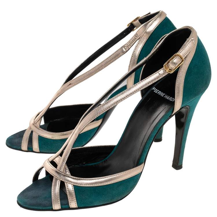 Pre Owned Pierre Hardy Green Suede And Gold Leather Peep Toe Sandals Size 38.5