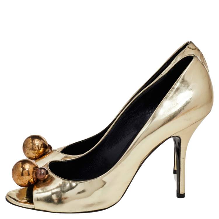 Pre Owned Pierre Hardy Metallic Gold Leather Embellished Peep Toe Pumps Size 39