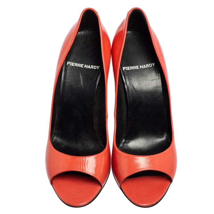 Pre Owned Pierre Hardy Coral Pink Patent Leather Peep-Toe Pumps Size 36.5