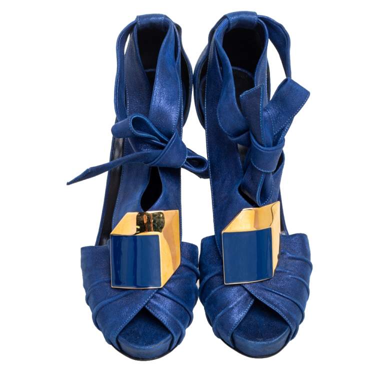 Pre Owned Pierre Hardy Blue Laminated Suede Buckle Ankle-Tie Sandals Size 38