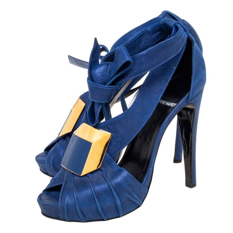 Pre Owned Pierre Hardy Blue Laminated Suede Buckle Ankle-Tie Sandals Size 38