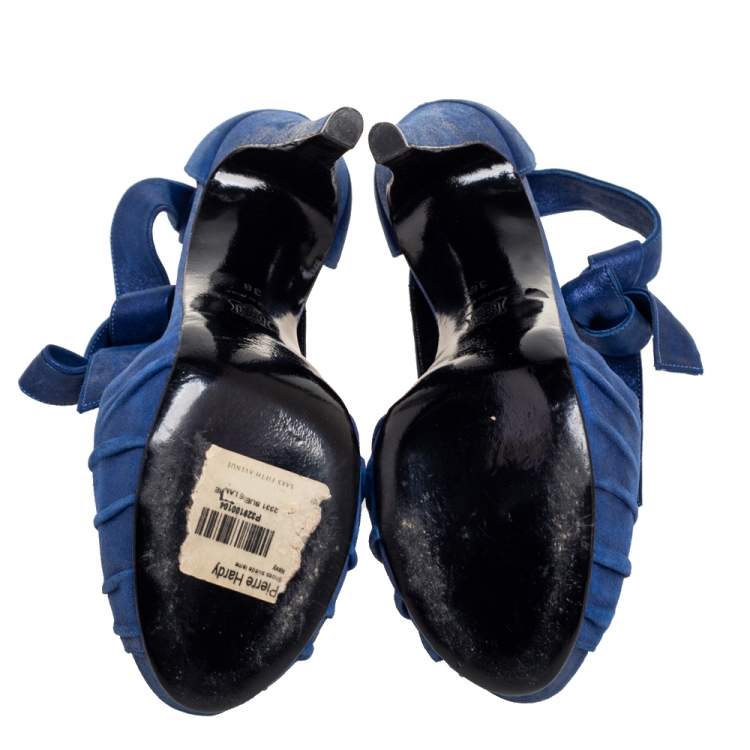 Pre Owned Pierre Hardy Blue Laminated Suede Buckle Ankle-Tie Sandals Size 38