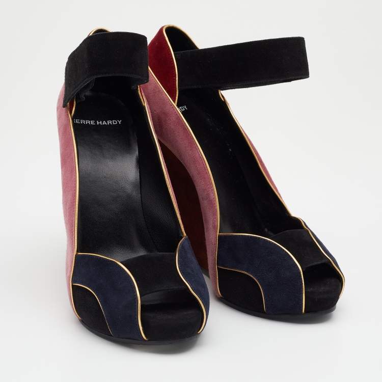 Pre Owned Pierre Hardy Multicolor Suede Ankle Strap Wedge Peep Toe Sandals Size 38.5
