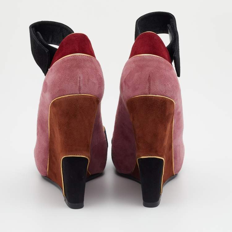 Pre Owned Pierre Hardy Multicolor Suede Ankle Strap Wedge Peep Toe Sandals Size 38.5