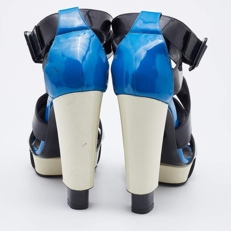 Pre Owned Pierre Hardy Black/Blue Patent Leather Caged Ankle Strap Sandals Size 38