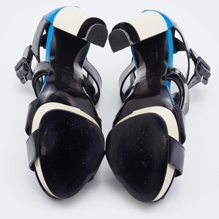 Pre Owned Pierre Hardy Black/Blue Patent Leather Caged Ankle Strap Sandals Size 38