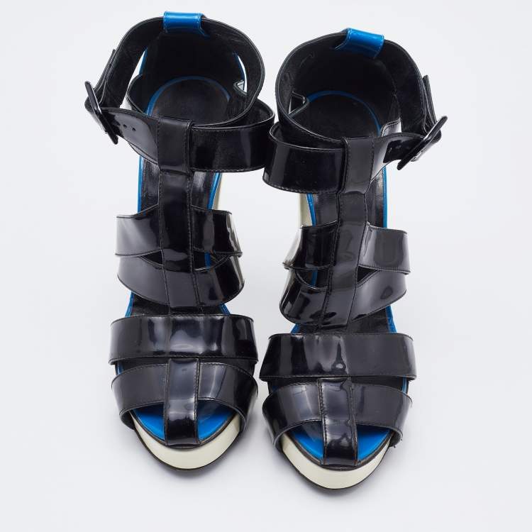 Pre Owned Pierre Hardy Black/Blue Patent Leather Caged Ankle Strap Sandals Size 38