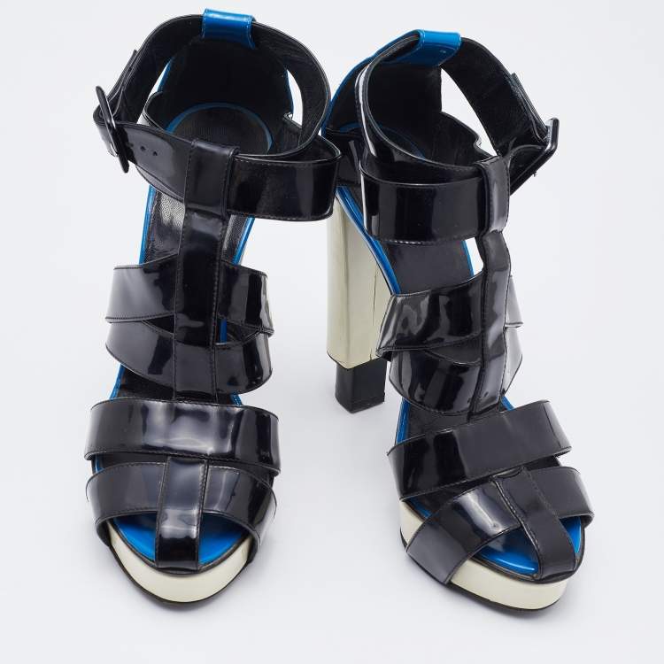 Pre Owned Pierre Hardy Black/Blue Patent Leather Caged Ankle Strap Sandals Size 38