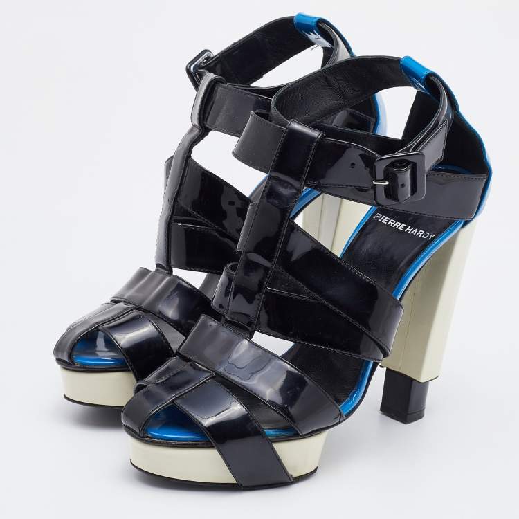 Pre Owned Pierre Hardy Black/Blue Patent Leather Caged Ankle Strap Sandals Size 38