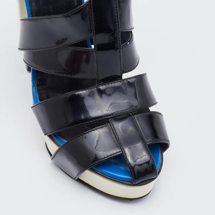 Pre Owned Pierre Hardy Black/Blue Patent Leather Caged Ankle Strap Sandals Size 38