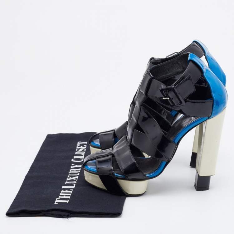 Pre Owned Pierre Hardy Black/Blue Patent Leather Caged Ankle Strap Sandals Size 38