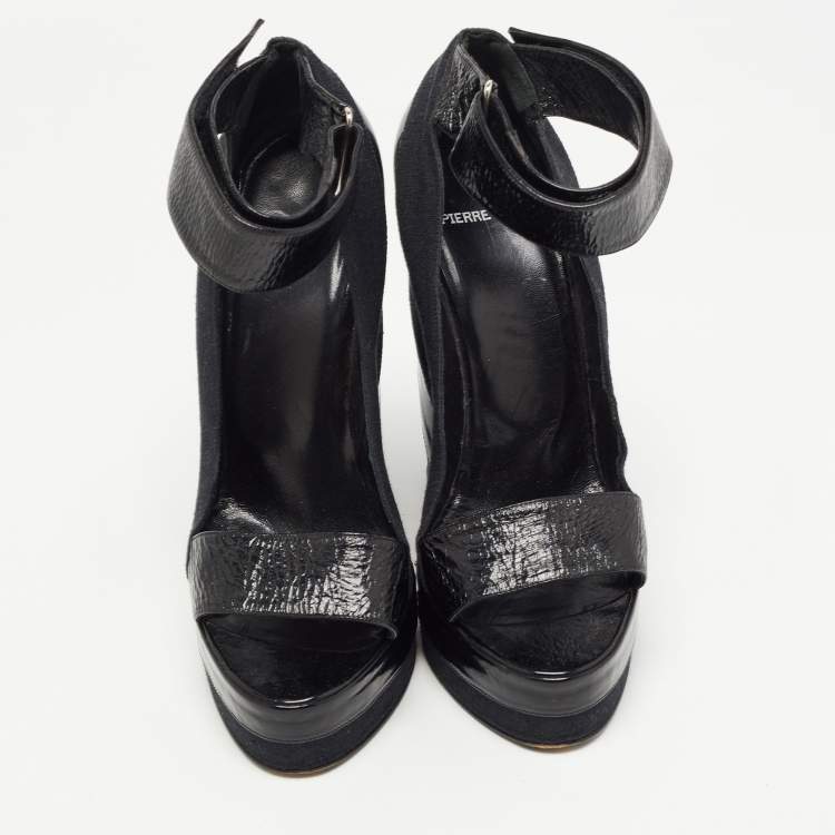 Pre Owned Pierre Hardy Black Leather and Canvas Ankle Strap Wedge Pumps Size 40 