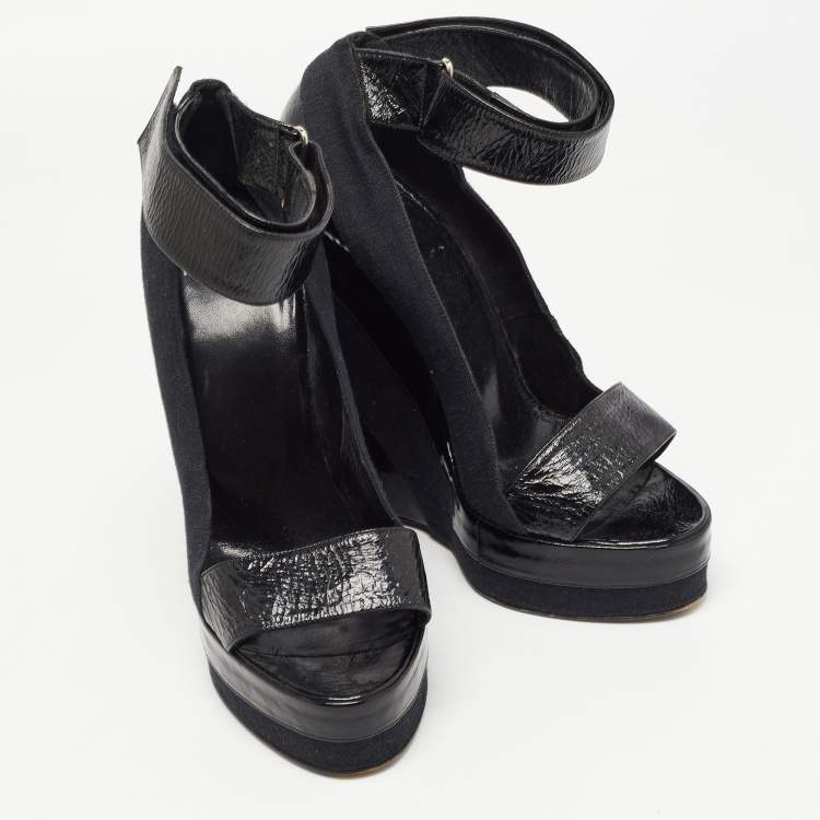 Pre Owned Pierre Hardy Black Leather and Canvas Ankle Strap Wedge Pumps Size 40 
