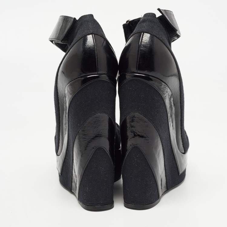 Pre Owned Pierre Hardy Black Leather and Canvas Ankle Strap Wedge Pumps Size 40 