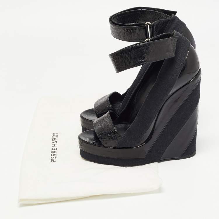 Pre Owned Pierre Hardy Black Leather and Canvas Ankle Strap Wedge Pumps Size 40 