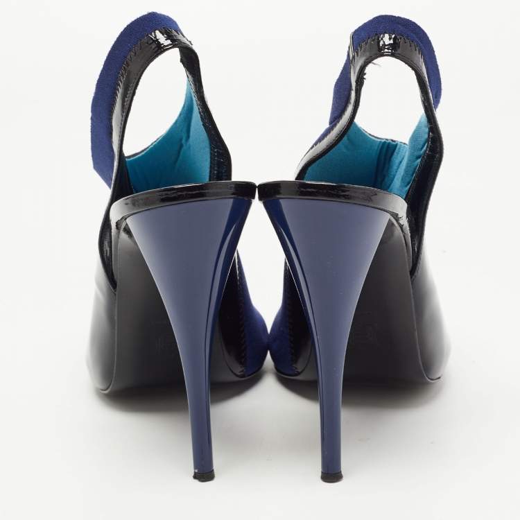 Pre Owned Piere Hardy Black/Blue Fabric and Patent Leather Slingback Pumps Size 41
