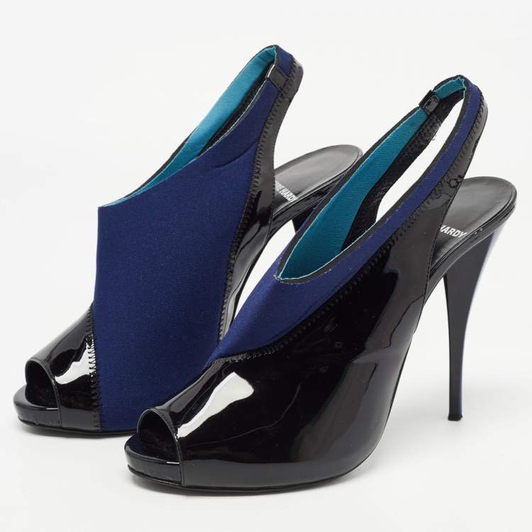 Pre Owned Piere Hardy Black/Blue Fabric and Patent Leather Slingback Pumps Size 41