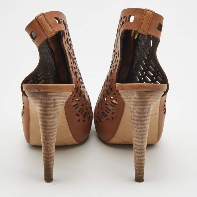 Pre Owned Pierre Hardy Brown Leather Laser Cut Out Zip Detail Booties Size 36.5