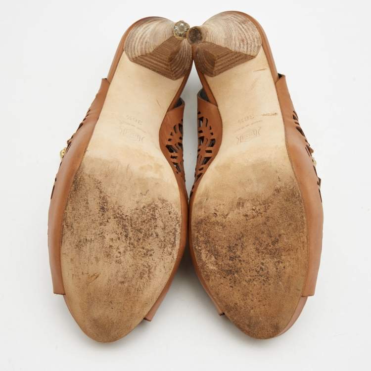 Pre Owned Pierre Hardy Brown Leather Laser Cut Out Zip Detail Booties Size 36.5