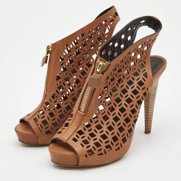Pre Owned Pierre Hardy Brown Leather Laser Cut Out Zip Detail Booties Size 36.5