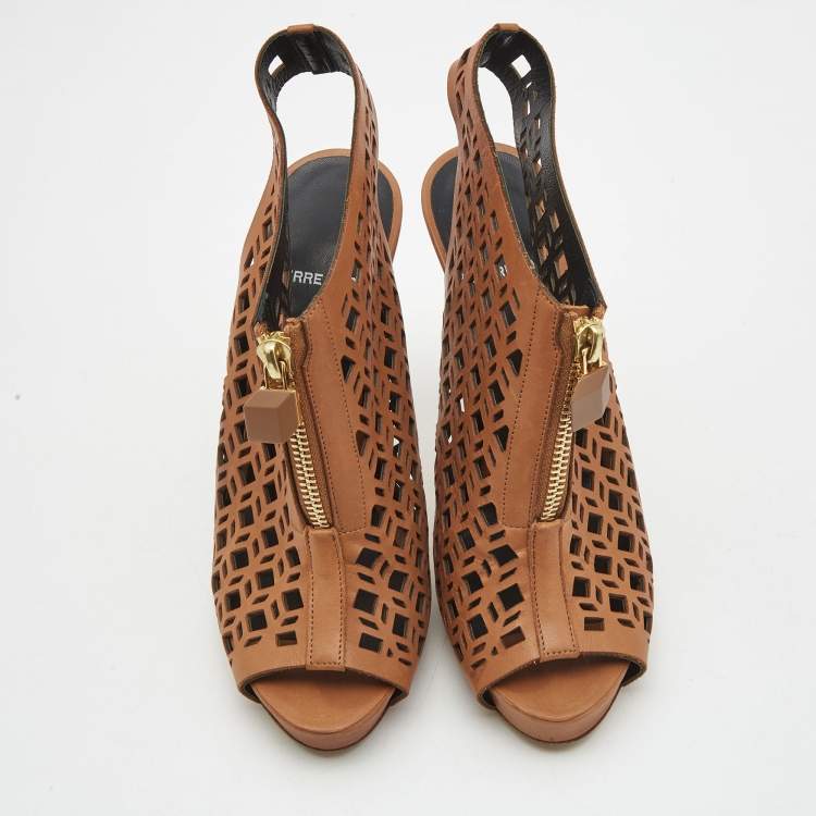 Pre Owned Pierre Hardy Brown Leather Laser Cut Out Zip Detail Booties Size 36.5