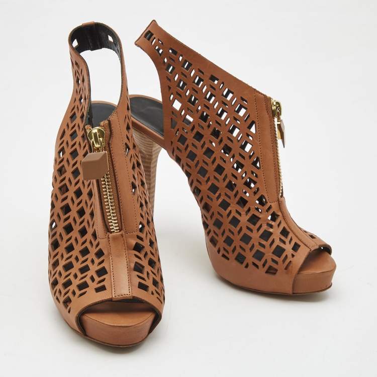 Pre Owned Pierre Hardy Brown Leather Laser Cut Out Zip Detail Booties Size 36.5