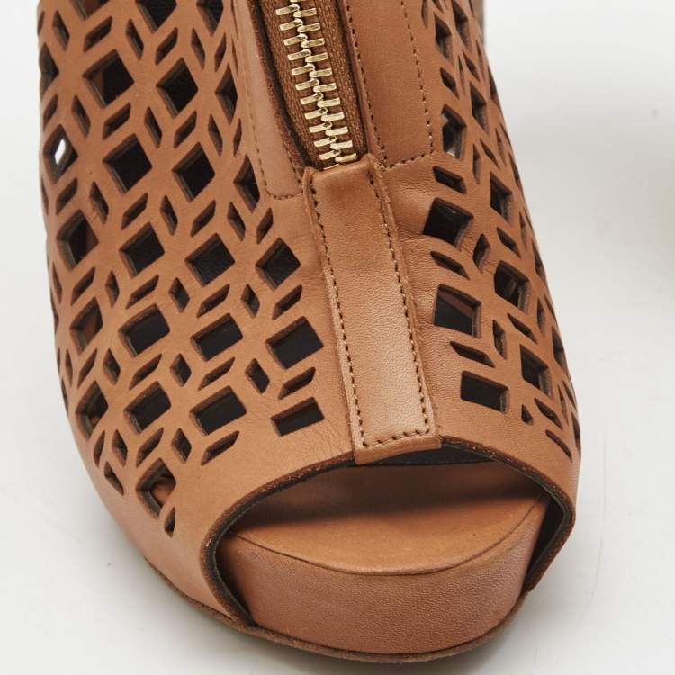 Pre Owned Pierre Hardy Brown Leather Laser Cut Out Zip Detail Booties Size 36.5