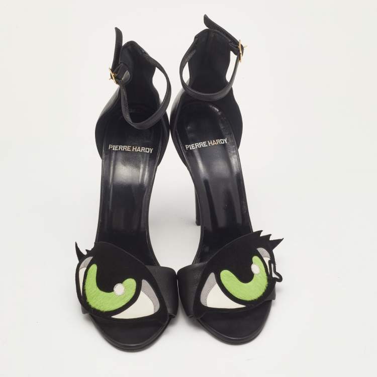 Pre Owned Pierre Hardy Black Leather Eye Detail Ankle Strap Sandals Size 38