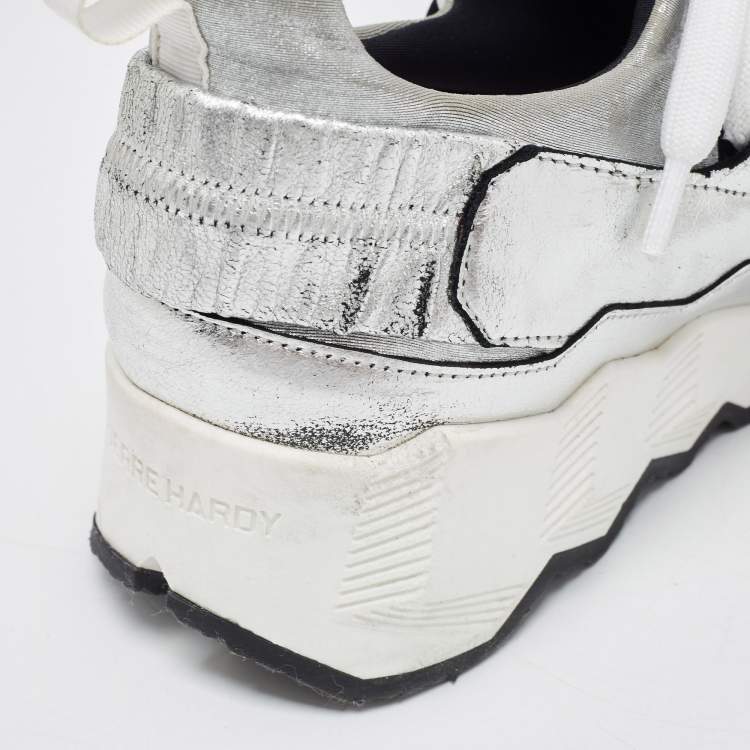 Pre Owned Pierre Hardy Silver Leather and Neoprene Low Top Sneakers Size 36