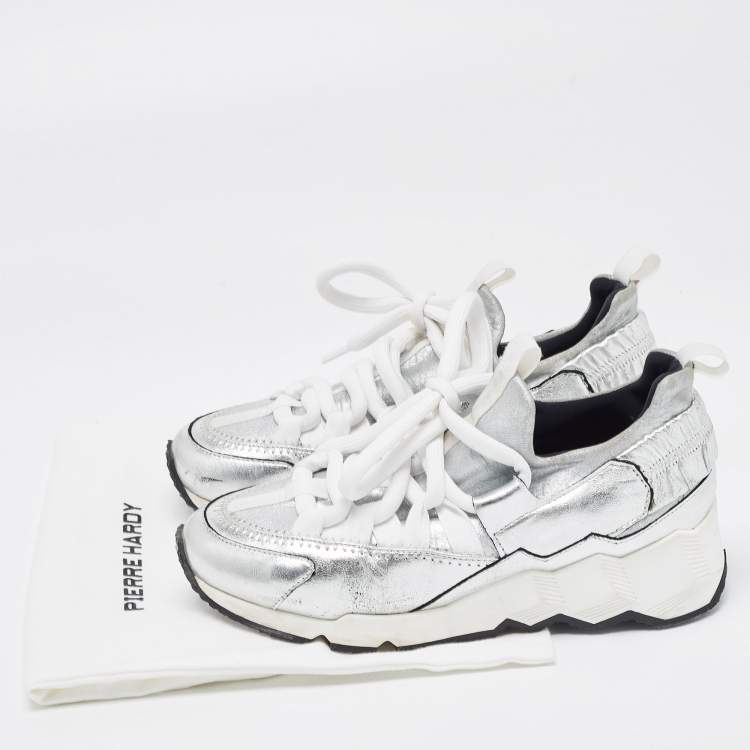 Pre Owned Pierre Hardy Silver Leather and Neoprene Low Top Sneakers Size 36