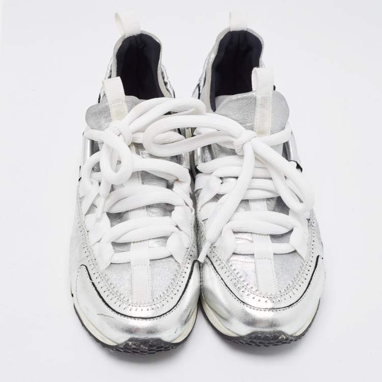 Pre Owned Pierre Hardy Silver Leather and Neoprene Low Top Sneakers Size 36