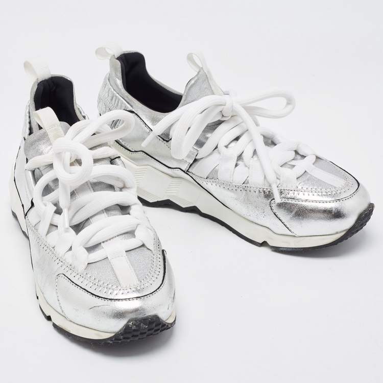 Pre Owned Pierre Hardy Silver Leather and Neoprene Low Top Sneakers Size 36