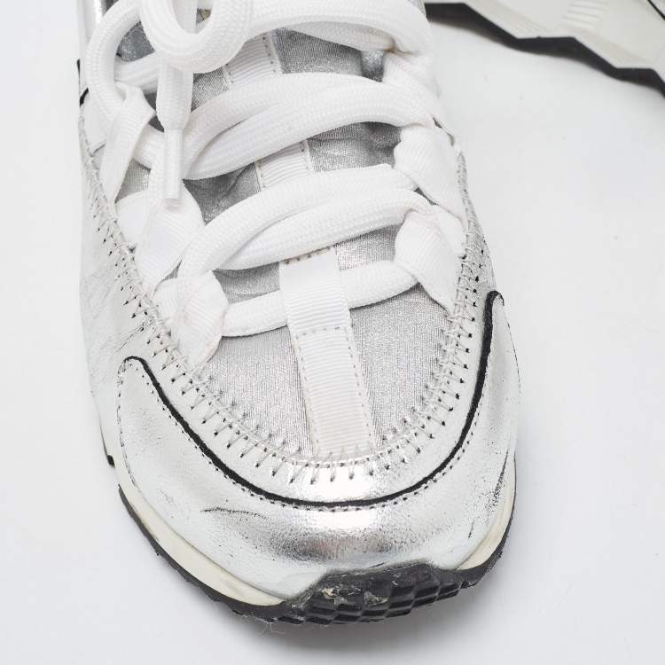 Pre Owned Pierre Hardy Silver Leather and Neoprene Low Top Sneakers Size 36