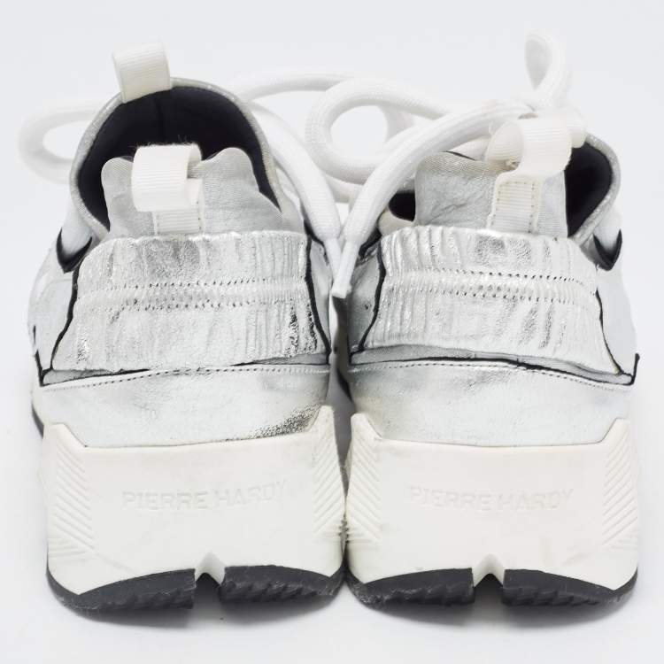 Pre Owned Pierre Hardy Silver Leather and Neoprene Low Top Sneakers Size 36