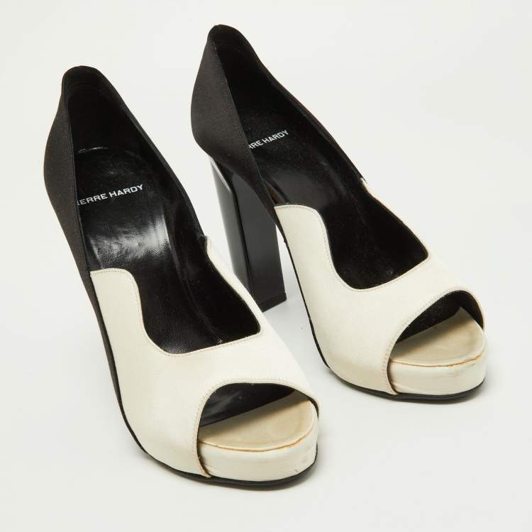 Pre Owned Pierre Hardy White/Black Satin Peep Toe Pumps Size 38.5